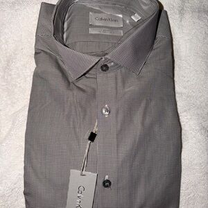 Calvin Klein Men's Mocha Chino Checkered Dress Shirt Slim Fit Superfine Cotton